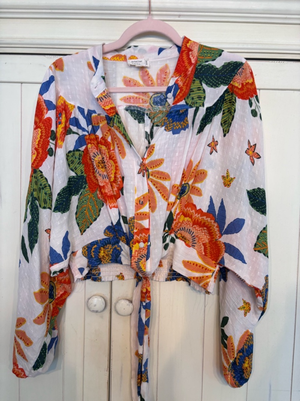 Nicole Miller White Floral Tie-Front Blouse with Orange, Green & Blue Print